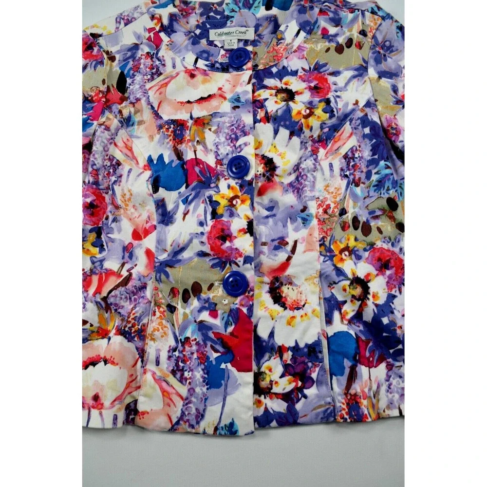 Coldwater Creek Jacket Women's Size 4 Multicolor Floral 3/4 Sleeve Button Front‎